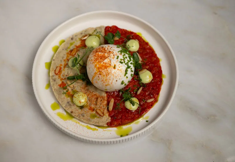 BURRATA ON SMOKED EGGPLANT AND BELLPEPPER CARPACCIO